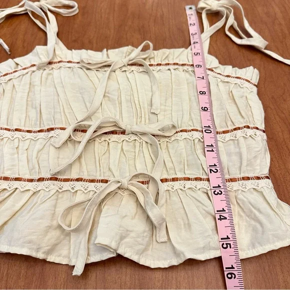 Thirty Thirty LA Cropped Babydoll Top Size XS Boho Tie Bow Festival Hippie Lace - Picture 4 of 6
